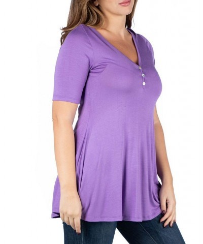 Plus Size Elbow Sleeve Henley Tunic Top Purple $32.56 Tops