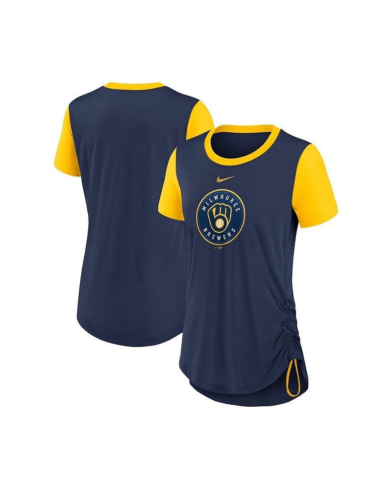 Women's Navy Milwaukee Brewers Hipster Swoosh Cinched Tri-Blend Performance Fashion T-shirt Navy $23.00 Tops