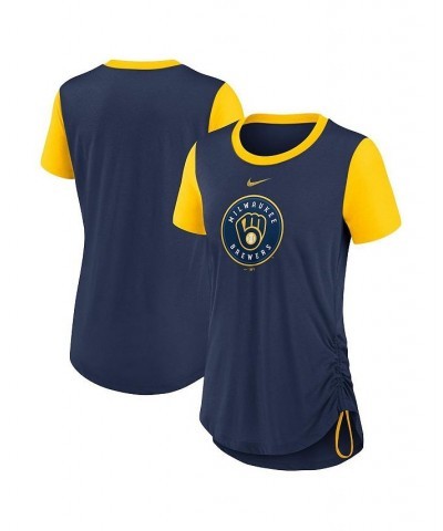 Women's Navy Milwaukee Brewers Hipster Swoosh Cinched Tri-Blend Performance Fashion T-shirt Navy $23.00 Tops