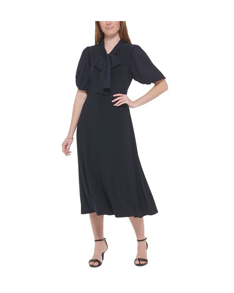 Women's Tie-Neck Puffed-Sleeve Dress Sky Captain $55.47 Dresses
