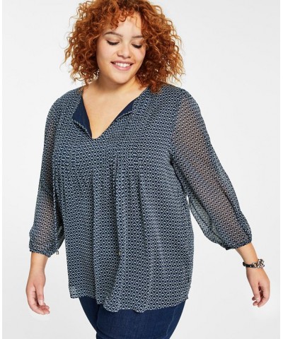 Plus Size Printed Pintucked Top Blue $31.89 Tops