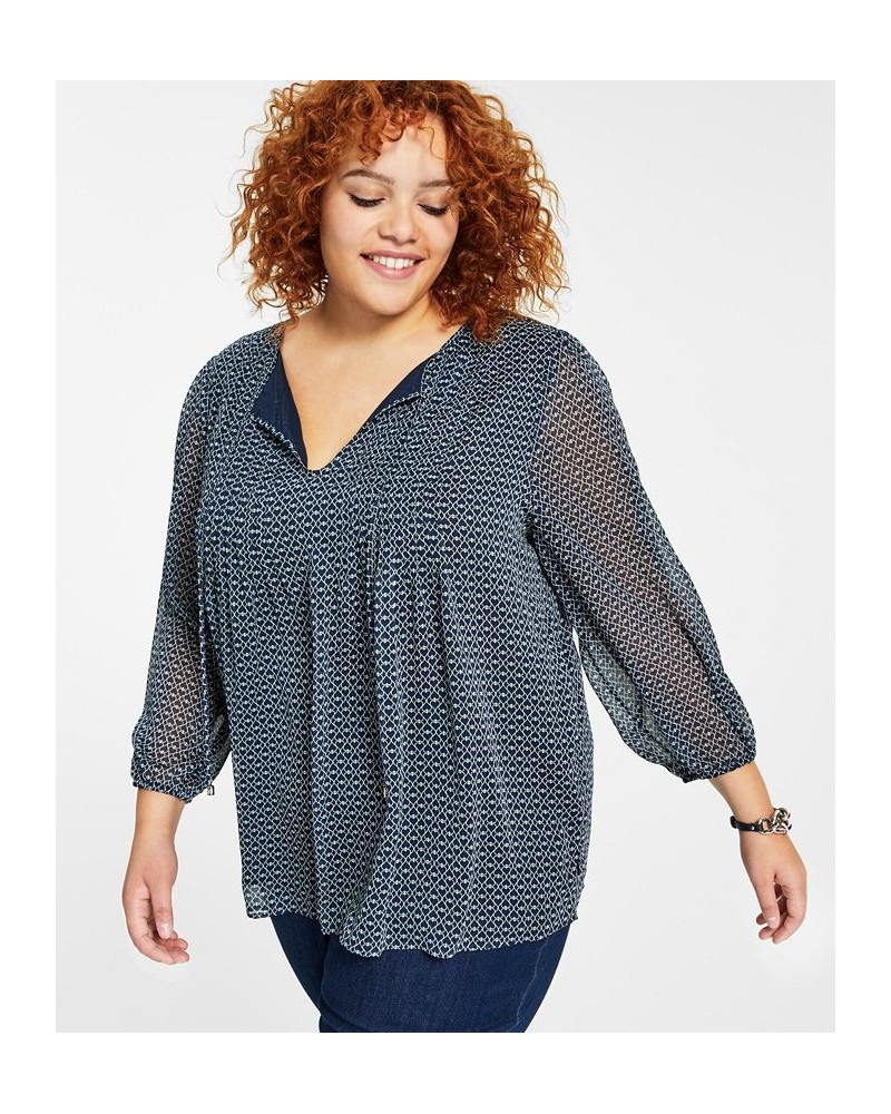 Plus Size Printed Pintucked Top Blue $31.89 Tops