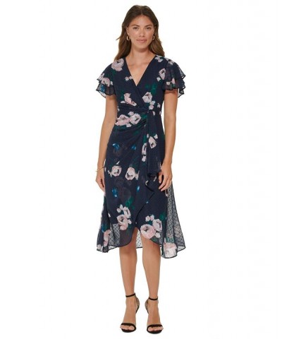 Women's V-Neck Ruffled Flutter-Sleeve Dress Navy Multi $33.11 Dresses