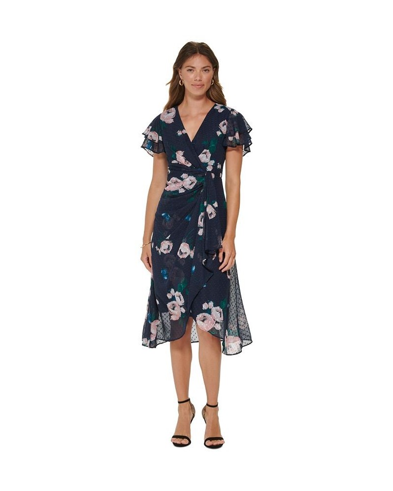 Women's V-Neck Ruffled Flutter-Sleeve Dress Navy Multi $33.11 Dresses