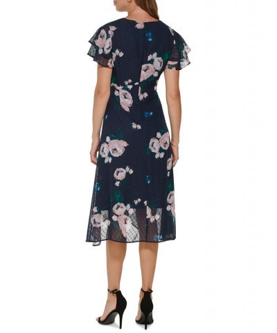 Women's V-Neck Ruffled Flutter-Sleeve Dress Navy Multi $33.11 Dresses