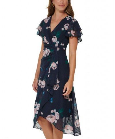 Women's V-Neck Ruffled Flutter-Sleeve Dress Navy Multi $33.11 Dresses