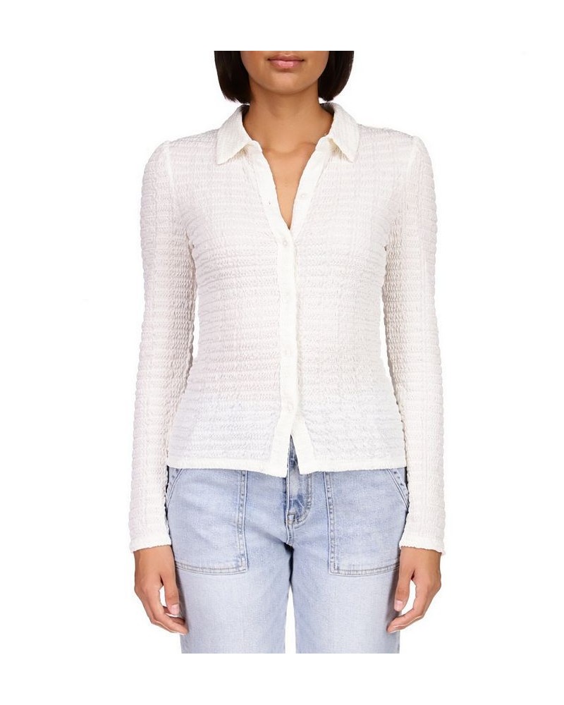 Women's Smocked Button-Front Knit Shirt Powdered Sugar $24.26 Tops