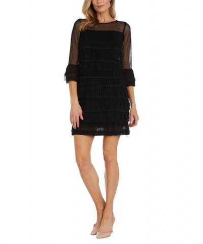 Petite 3/4-Sleeve Tiered Mesh Dress Black $61.09 Dresses