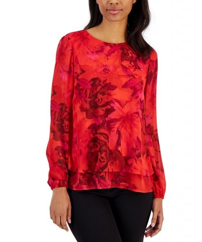 Women's Chiffon Long-Sleeve Double-Layer Blouse Poppy Multi $34.70 Tops