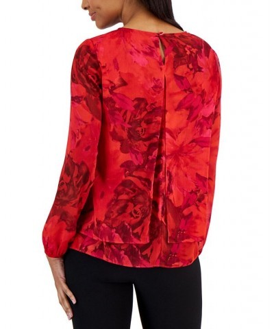 Women's Chiffon Long-Sleeve Double-Layer Blouse Poppy Multi $34.70 Tops