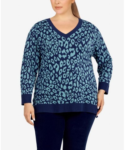 Plus Size Into The Blue Printed Tublar Pullover New Navy Multi $23.04 Sweaters