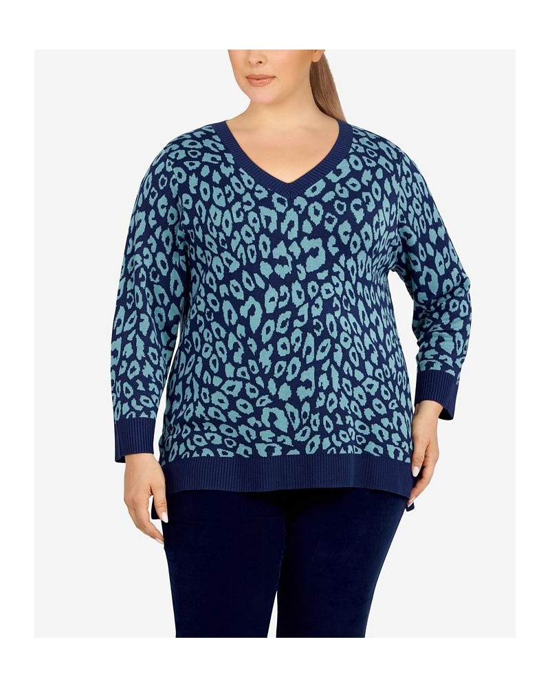 Plus Size Into The Blue Printed Tublar Pullover New Navy Multi $23.04 Sweaters