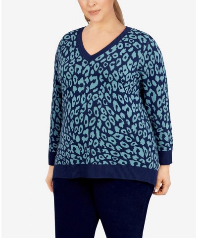 Plus Size Into The Blue Printed Tublar Pullover New Navy Multi $23.04 Sweaters