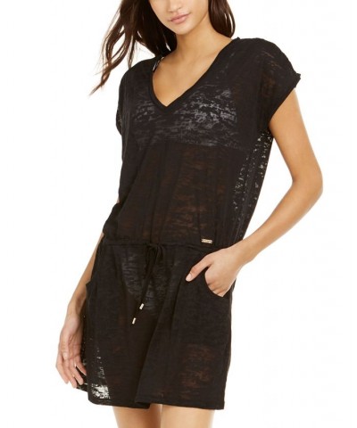 Burnout Drawstring Tunic Swim Cover-Up Black $23.99 Swimsuits