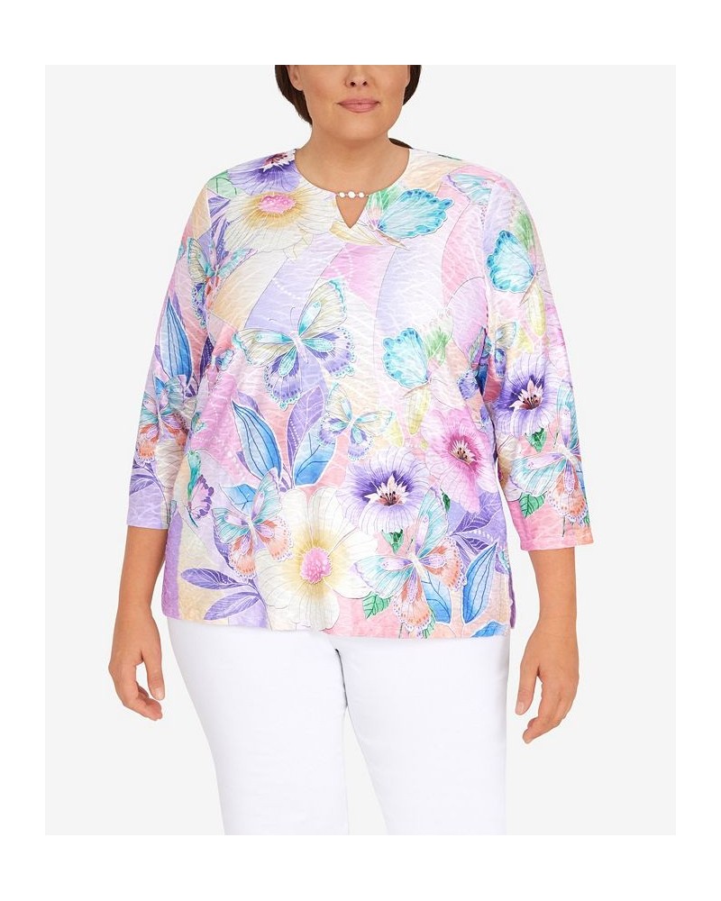 Plus Size Classic Butterfly Color Block Split Neck 3/4 Sleeve Top Lilac $32.88 Tops
