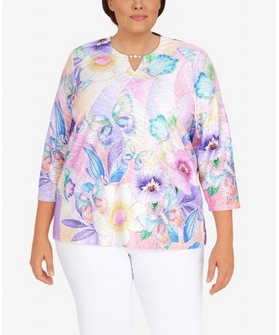 Plus Size Classic Butterfly Color Block Split Neck 3/4 Sleeve Top Lilac $32.88 Tops