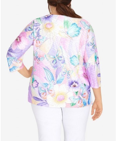 Plus Size Classic Butterfly Color Block Split Neck 3/4 Sleeve Top Lilac $32.88 Tops