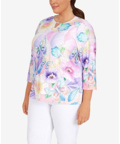 Plus Size Classic Butterfly Color Block Split Neck 3/4 Sleeve Top Lilac $32.88 Tops