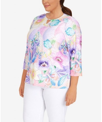 Plus Size Classic Butterfly Color Block Split Neck 3/4 Sleeve Top Lilac $32.88 Tops