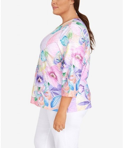 Plus Size Classic Butterfly Color Block Split Neck 3/4 Sleeve Top Lilac $32.88 Tops