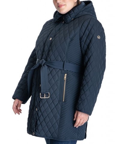 Women's Plus Size Hooded Belted Quilted Coat Blue $80.50 Coats
