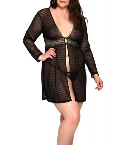 Plus Size Gillian Soft Diamond Babydoll Lace and Matching Panty Set Black $43.20 Lingerie