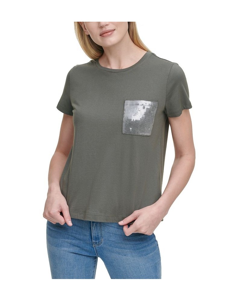 Short Sleeve Sequin Pocket T-Shirt Green $35.40 Tops