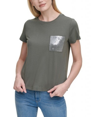 Short Sleeve Sequin Pocket T-Shirt Green $35.40 Tops