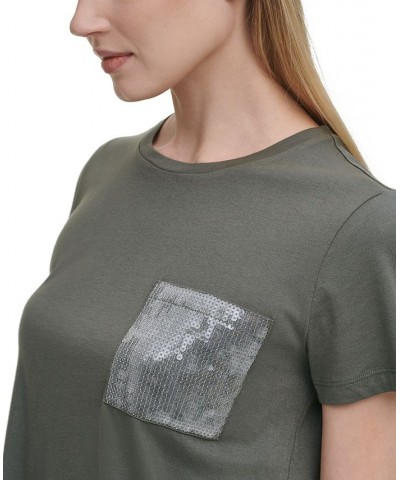 Short Sleeve Sequin Pocket T-Shirt Green $35.40 Tops