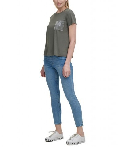 Short Sleeve Sequin Pocket T-Shirt Green $35.40 Tops