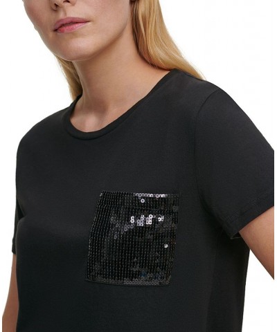 Short Sleeve Sequin Pocket T-Shirt Green $35.40 Tops