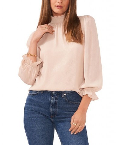 Women's Long Sleeve Smocked Neck Top Tan/Beige $29.40 Tops