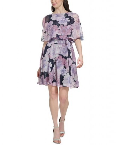 Women's Floral-Print Popover Self-Tie Dress Navy Lilac $31.74 Dresses