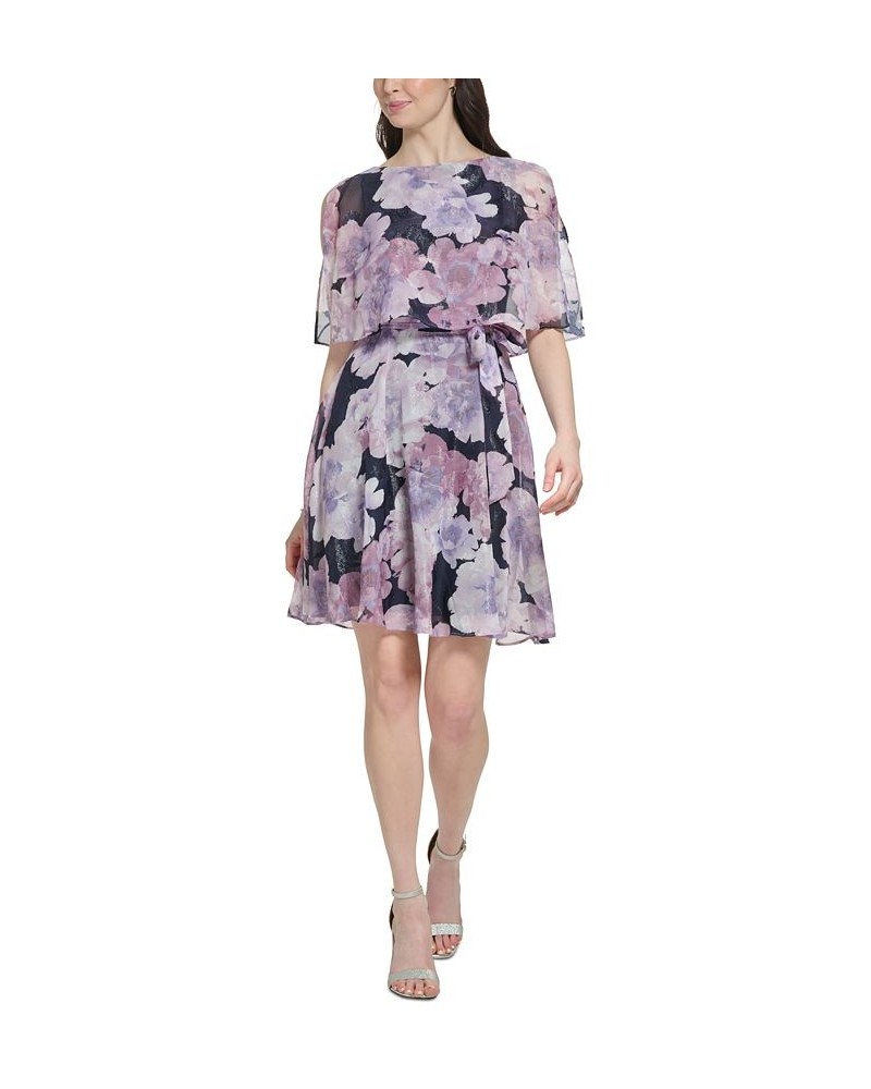 Women's Floral-Print Popover Self-Tie Dress Navy Lilac $31.74 Dresses