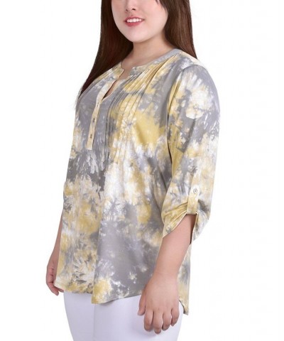 Plus Size Knit Jacquard 3/4 Sleeve Roll Tab Top Yellow Tiedye $13.43 Tops