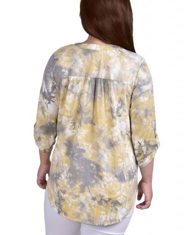 Plus Size Knit Jacquard 3/4 Sleeve Roll Tab Top Yellow Tiedye $13.43 Tops