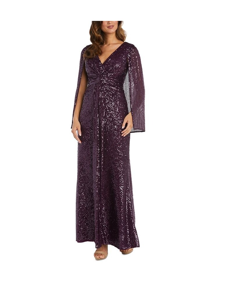 Women's V-Neck Sequin Drape-Front Cape Gown Plum $53.58 Dresses