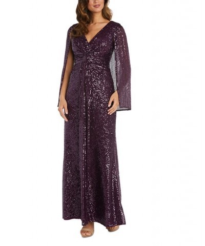 Women's V-Neck Sequin Drape-Front Cape Gown Plum $53.58 Dresses