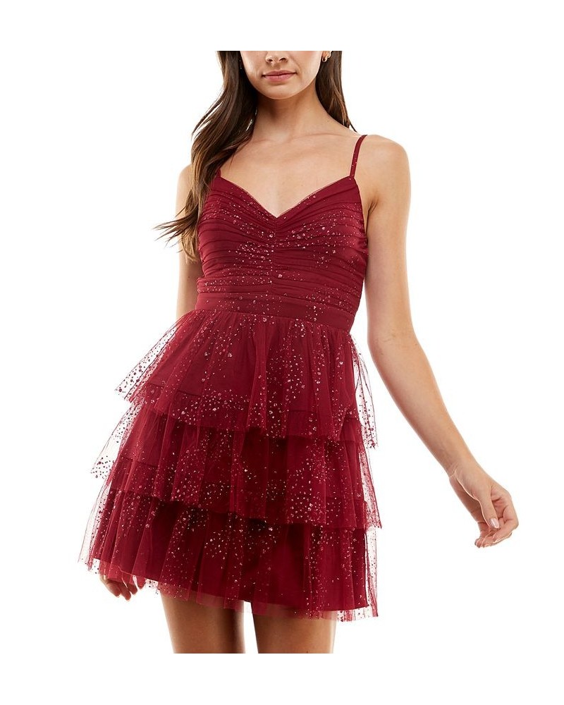 Juniors' Ruched Tiered Dress Wine/gold $40.94 Dresses