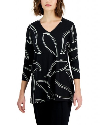 Women's Printed 3/4-Sleeve V-Neck Tunic Top Black $20.85 Tops