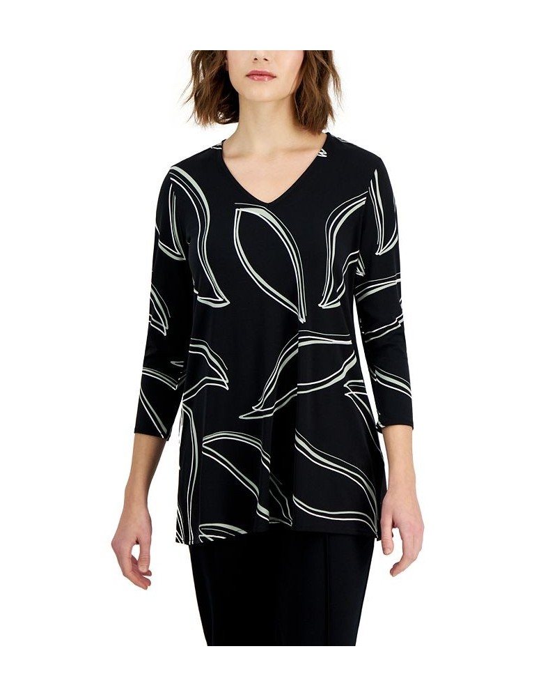 Women's Printed 3/4-Sleeve V-Neck Tunic Top Black $20.85 Tops