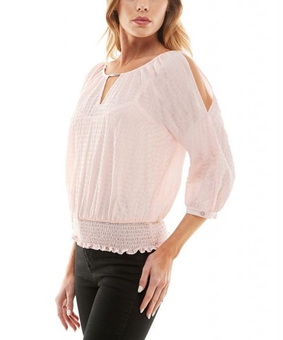 Juniors' Textured Cold-Shoulder Smocked-Hem Top Pink $17.70 Tops