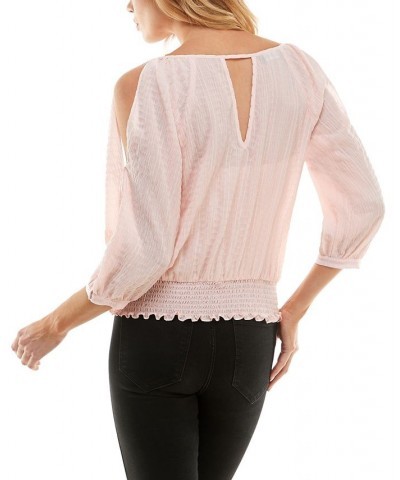 Juniors' Textured Cold-Shoulder Smocked-Hem Top Pink $17.70 Tops