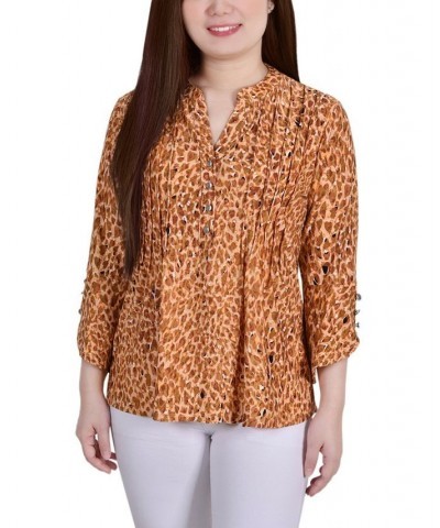 Women's 3/4 Sleeve Overlapped Bell Sleeve Y-Neck Top Brown Leopard $15.18 Tops