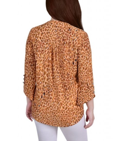 Women's 3/4 Sleeve Overlapped Bell Sleeve Y-Neck Top Brown Leopard $15.18 Tops