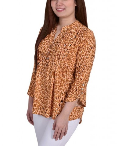 Women's 3/4 Sleeve Overlapped Bell Sleeve Y-Neck Top Brown Leopard $15.18 Tops