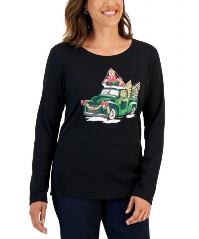 Women's Long-Sleeve Holiday Top Deep Black Truck $10.07 Tops