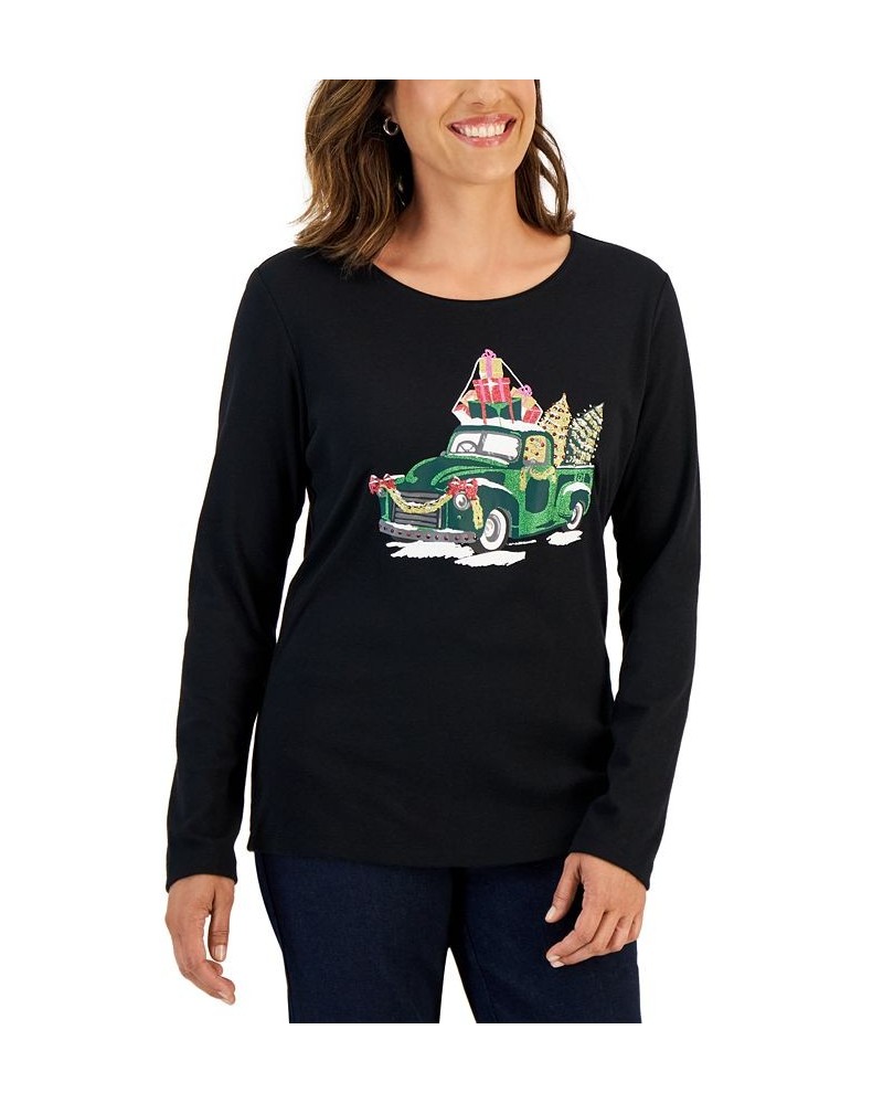 Women's Long-Sleeve Holiday Top Deep Black Truck $10.07 Tops