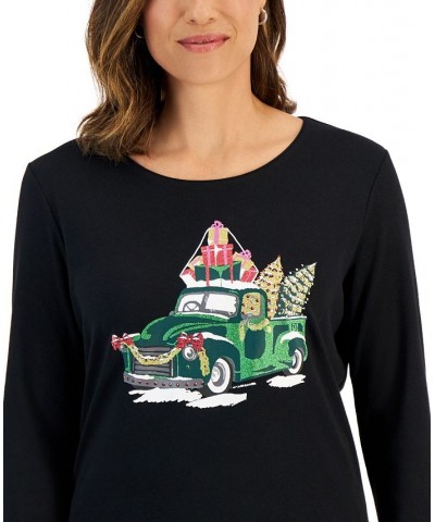 Women's Long-Sleeve Holiday Top Deep Black Truck $10.07 Tops