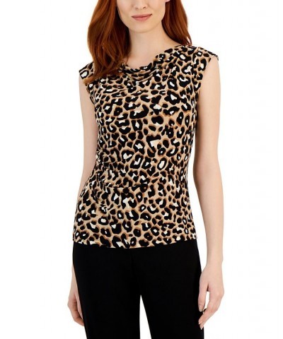 Women's Printed Cap-Sleeve Cowlneck Blouse Latte Multi $23.15 Tops